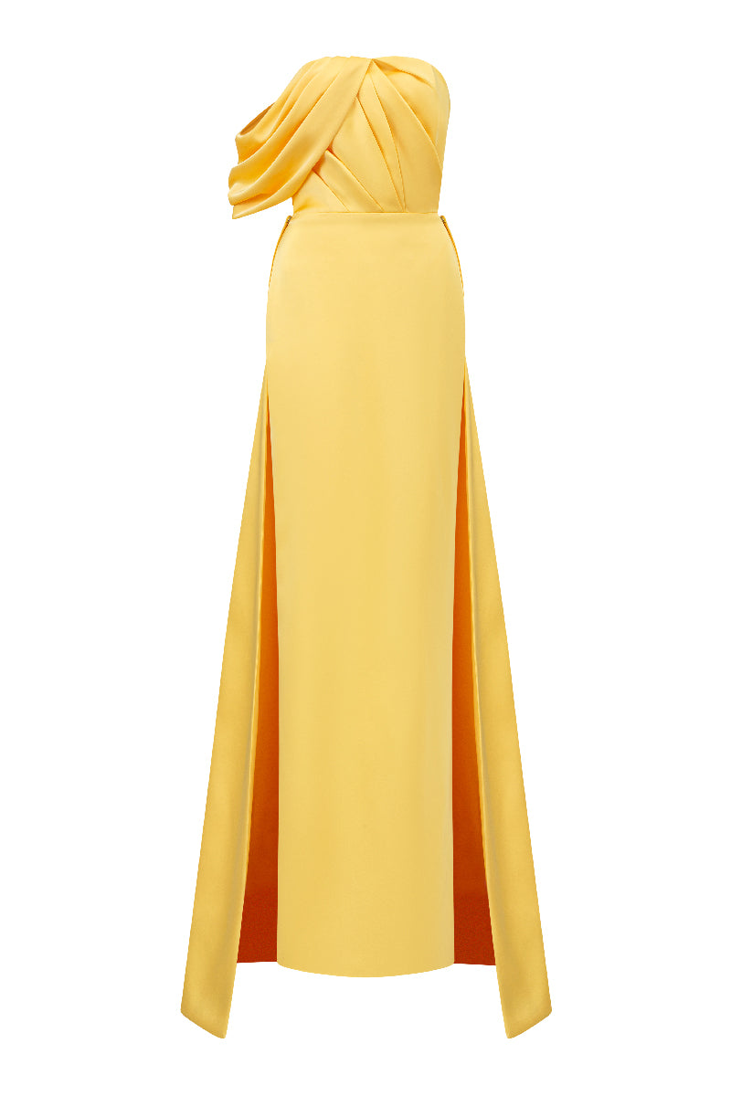ASYMMETRICAL DRAPED STRAPLESS COLUMN SILK GOWN - CULT MIA