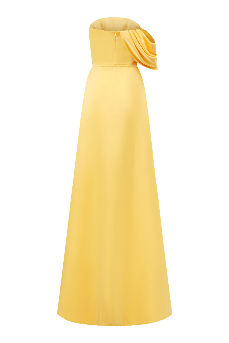 ASYMMETRICAL DRAPED STRAPLESS COLUMN SILK GOWN - CULT MIA