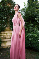 I.H.F asymmetrical shoulder column gown with pleated details, elegant evening dress featuring a sleek silhouette and modern style.