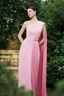 I.H.F asymmetrical shoulder column gown with pleated details, elegant evening dress featuring a sleek silhouette and modern design.