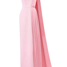 I.H.F asymmetrical shoulder column gown with pleated details, elegant evening dress, flowing fabric and modern design.