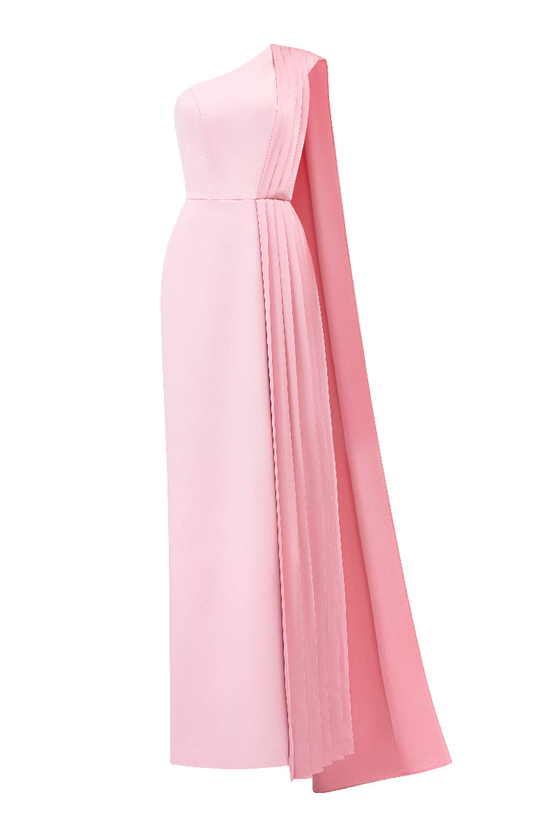 I.H.F asymmetrical shoulder column gown with pleated details, elegant evening dress, flowing fabric and modern design.