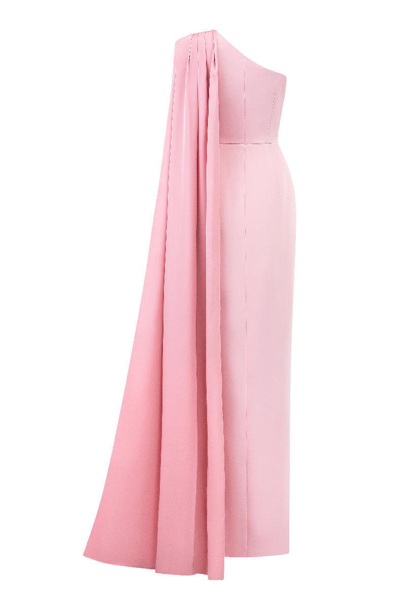 I.H.F asymmetrical shoulder column gown with pleated details, elegant evening dress featuring a sleek silhouette and stylish design.