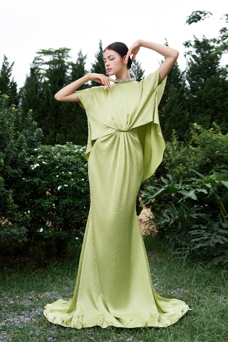 HIGH NECK GATHERED WAISTLINE MULLET GOWN - CULT MIA