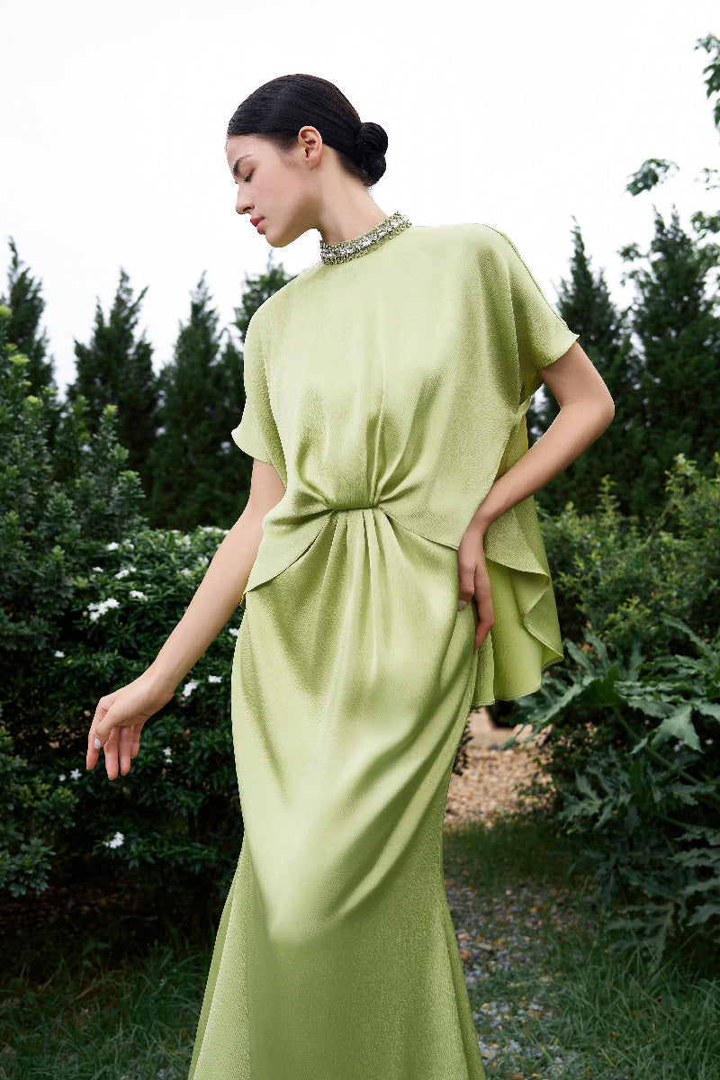 HIGH NECK GATHERED WAISTLINE MULLET GOWN - CULT MIA