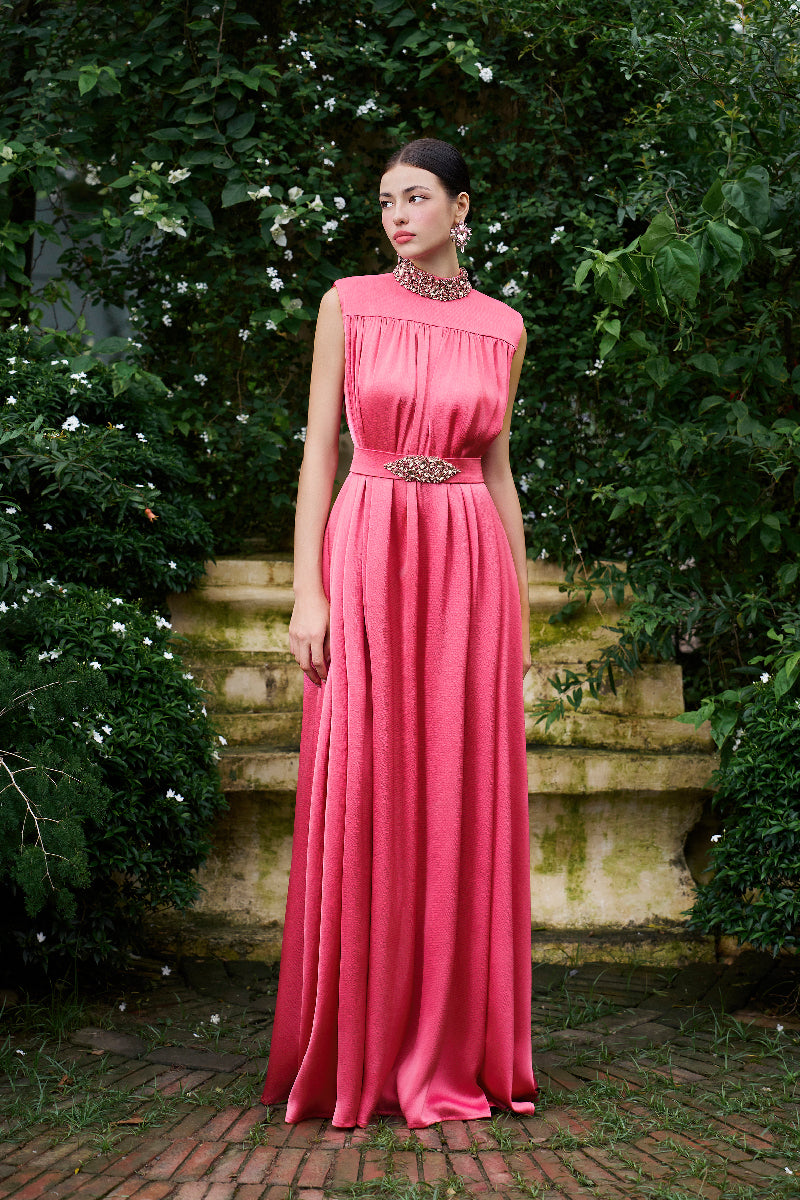 HIGH NECK SLEEVELESS GATHERED SILK GOWN - CULT MIA