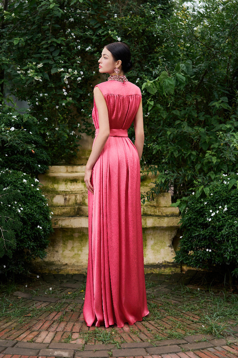 HIGH NECK SLEEVELESS GATHERED SILK GOWN - CULT MIA