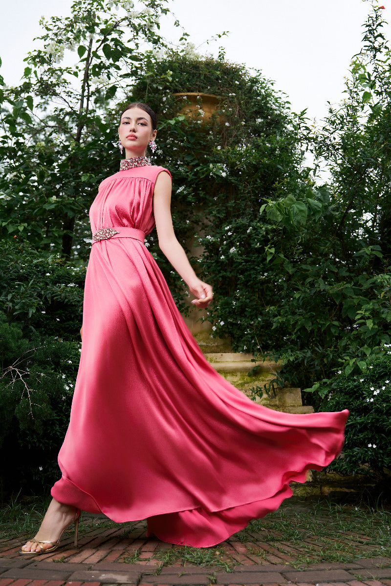 HIGH NECK SLEEVELESS GATHERED SILK GOWN - CULT MIA