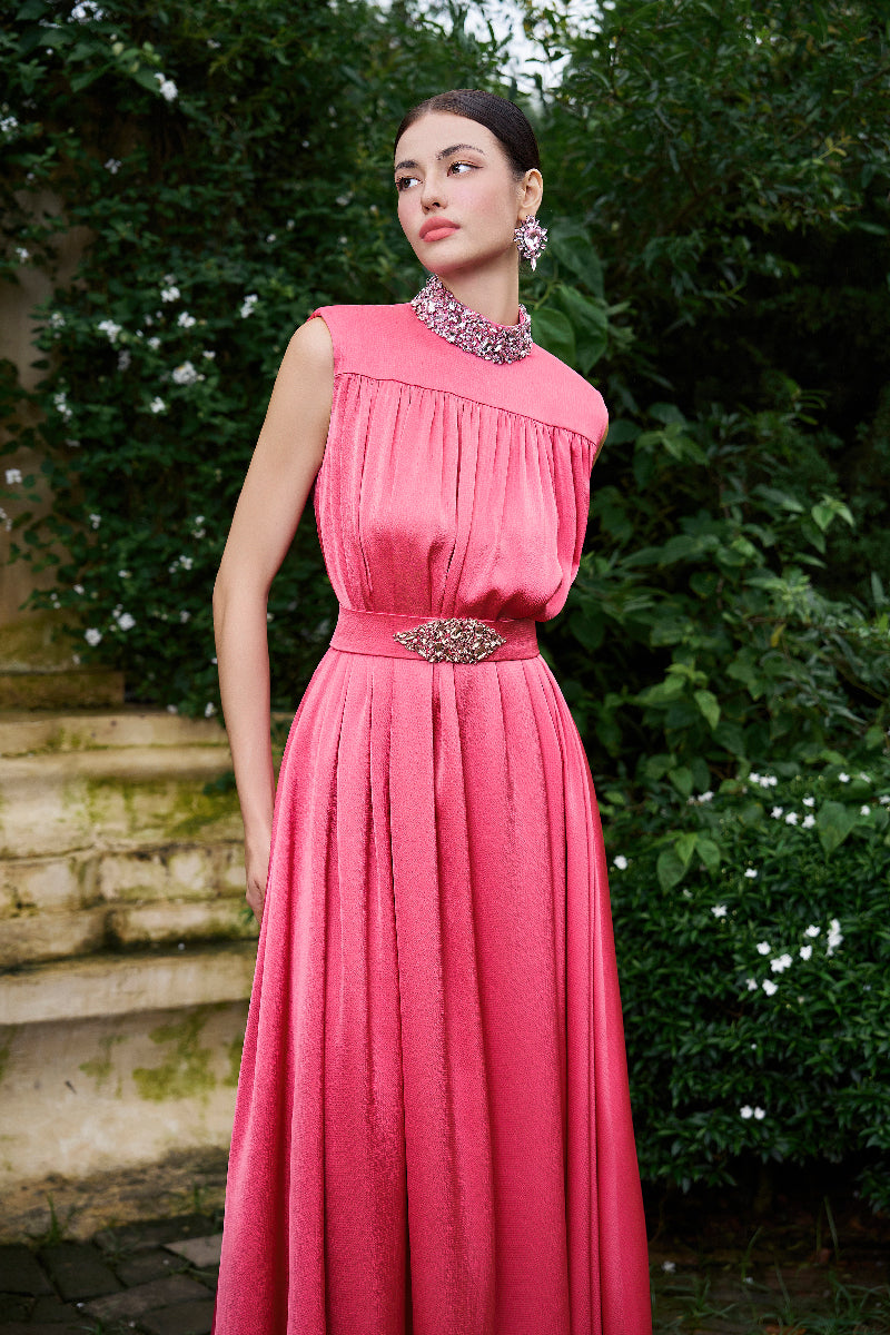 HIGH NECK SLEEVELESS GATHERED SILK GOWN - CULT MIA