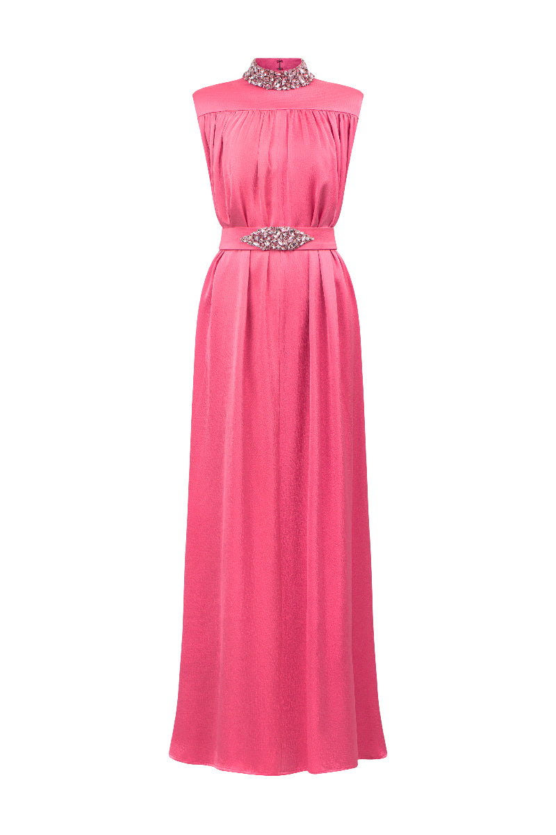 HIGH NECK SLEEVELESS GATHERED SILK GOWN - CULT MIA