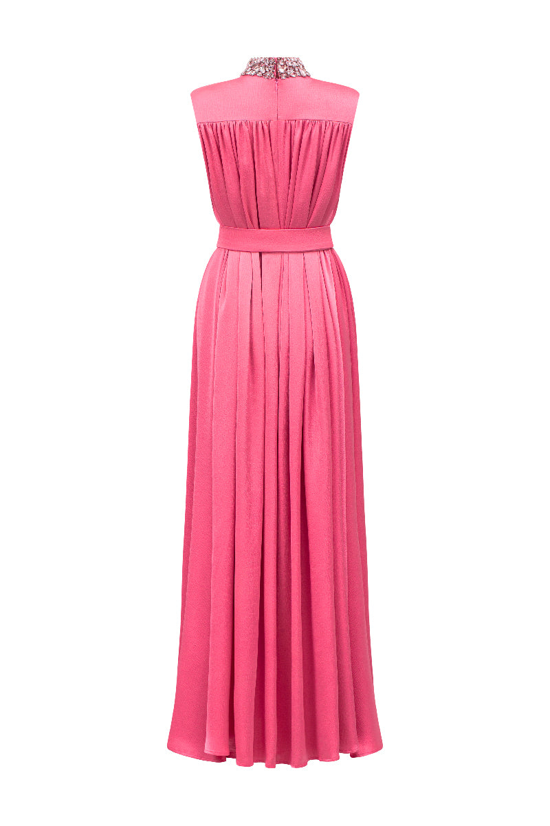 HIGH NECK SLEEVELESS GATHERED SILK GOWN - CULT MIA
