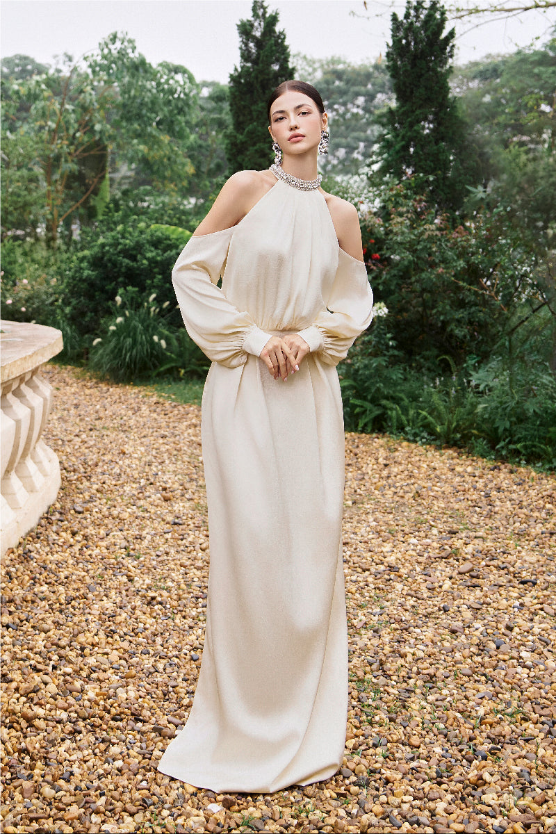 ROUND NECKLINE GOWN WITH DRAPED WAIST DETAIL - CULT MIA