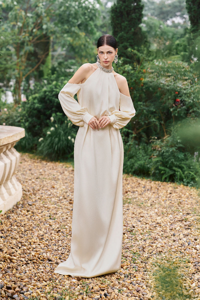 ROUND NECKLINE GOWN WITH DRAPED WAIST DETAIL - CULT MIA