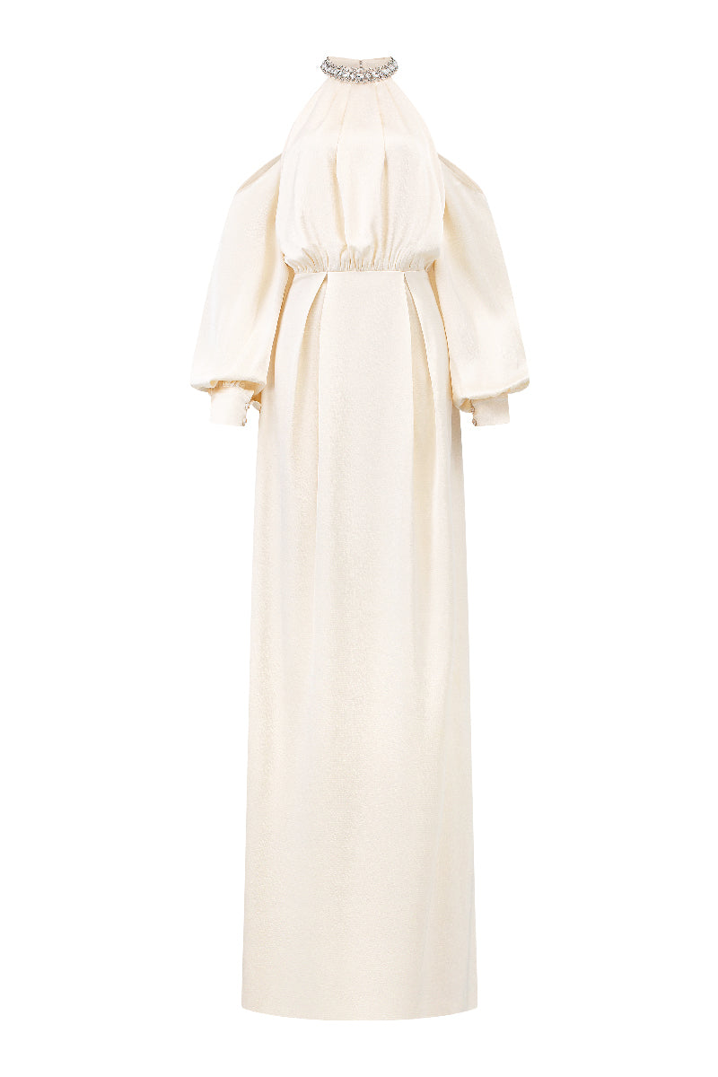 ROUND NECKLINE GOWN WITH DRAPED WAIST DETAIL - CULT MIA