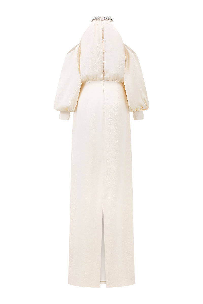 ROUND NECKLINE GOWN WITH DRAPED WAIST DETAIL - CULT MIA