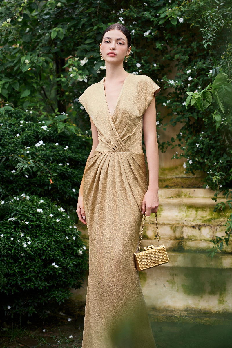 V-NECK GATHERED WAISTLINE JERSEY GOWN - CULT MIA