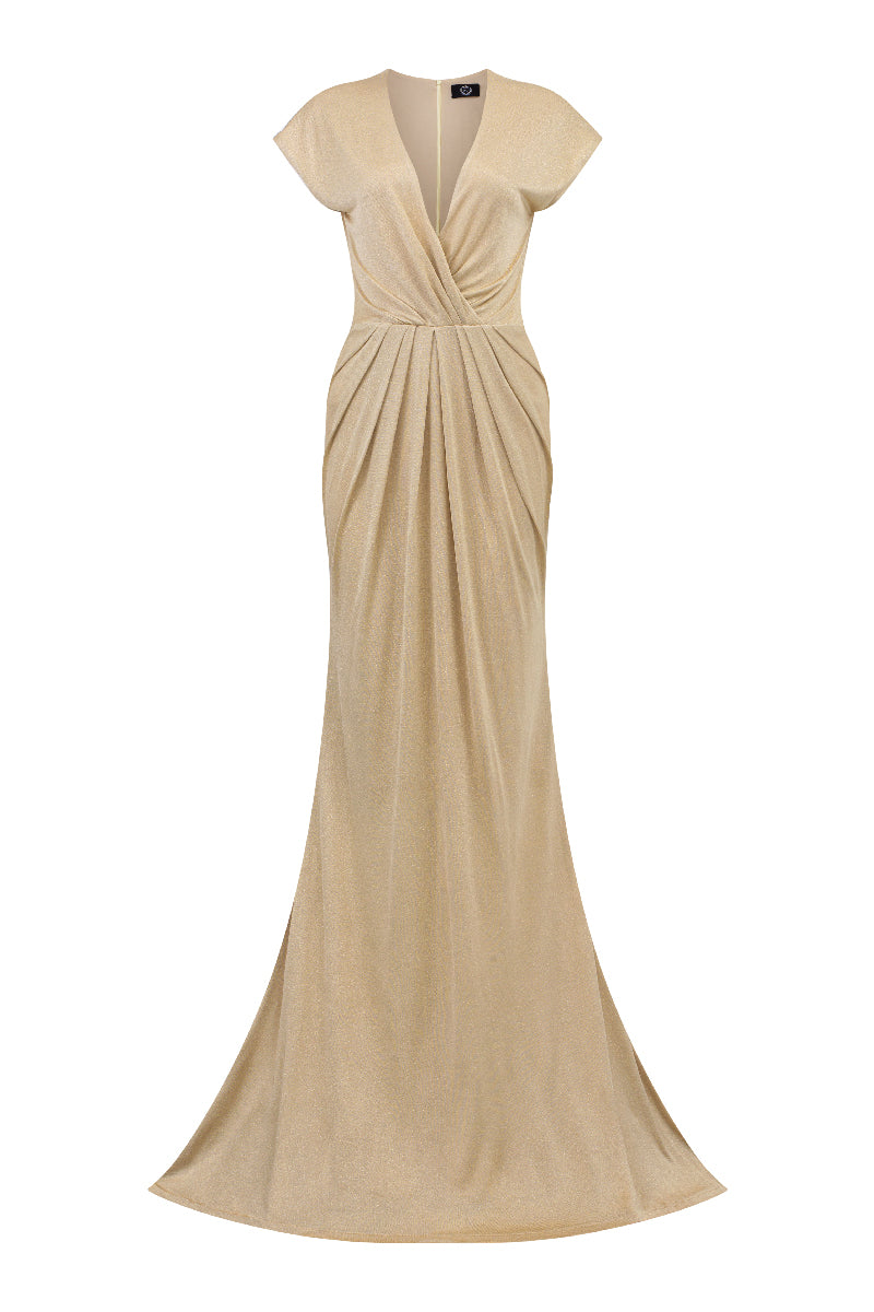 V-NECK GATHERED WAISTLINE JERSEY GOWN - CULT MIA