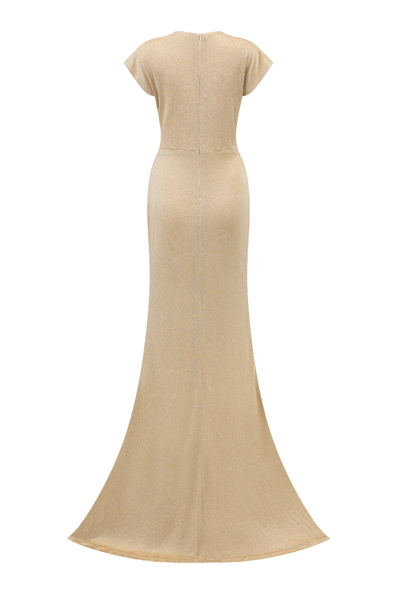 V-NECK GATHERED WAISTLINE JERSEY GOWN - CULT MIA