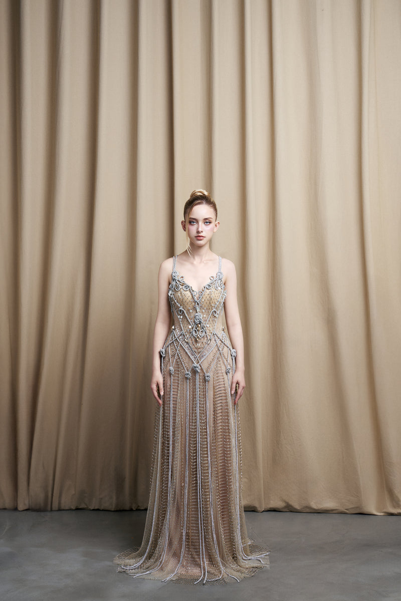 SPAGHETTI STRAP EMBROIDERED BEIGE GOWN WITH BEADED TULLE SKIRT