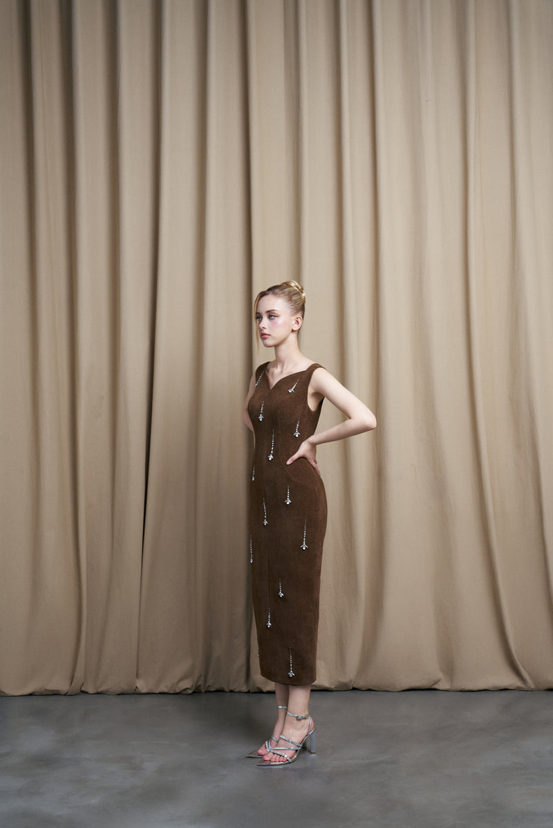 SWEETHEART NECK BROWN MIDI DRESS WITH CRYSTAL DROPLETS | CULT MIA | HACCHIC COUTURE SWEETHEART NECK BROWN MIDI DRESS WITH CRYSTAL DROPLETS | CULT MIA | HACCHIC COUTURE