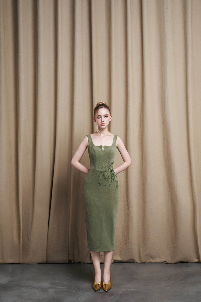 CURVED NECK OLIVE GREEN VELVET MIDI DRESS