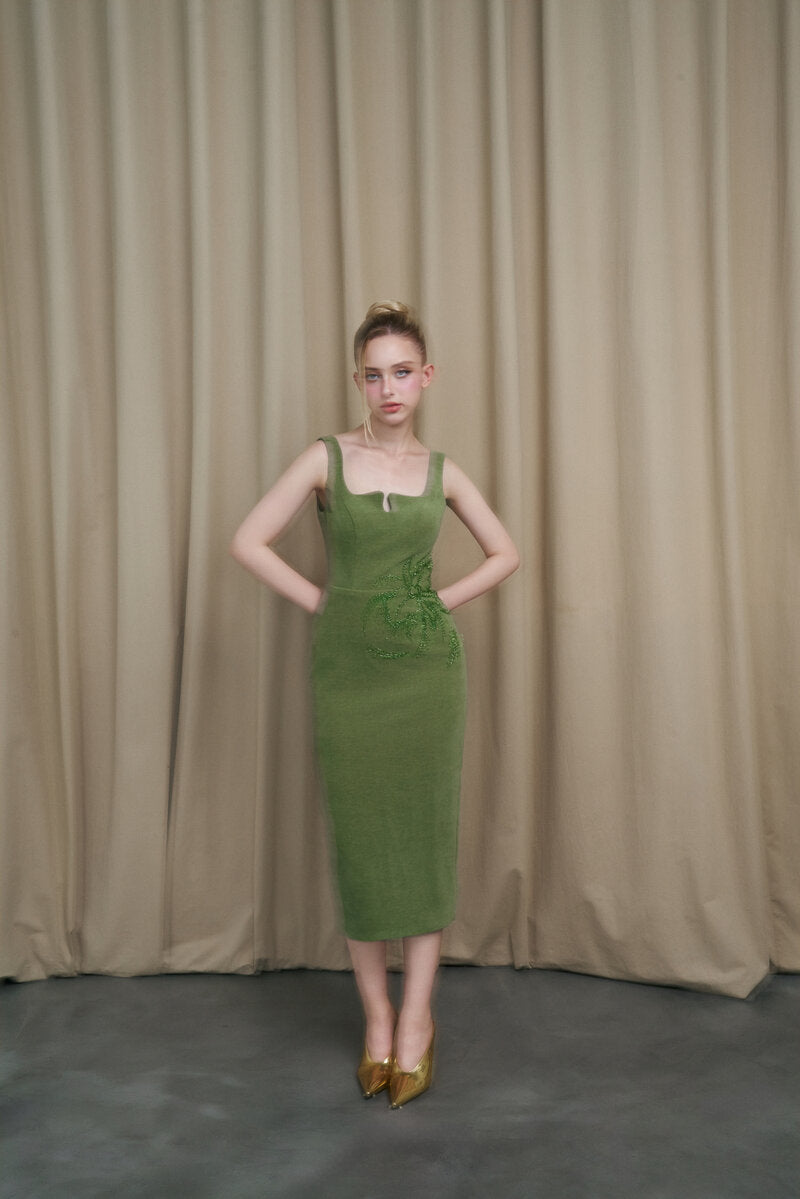 CURVED NECK OLIVE GREEN VELVET MIDI DRESS | CULT MIA | HACCHIC COUTURE CURVED NECK OLIVE GREEN VELVET MIDI DRESS | CULT MIA | HACCHIC COUTURE