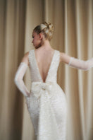 Ivory sequin scoop neck gown by HACCHIC COUTURE, featuring elegant sequined fabric and a flattering scoop neckline.