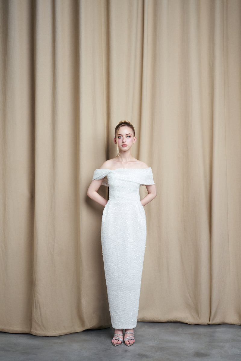 OFF-SHOULDER DRAPE IVORY SEQUIN GOWN