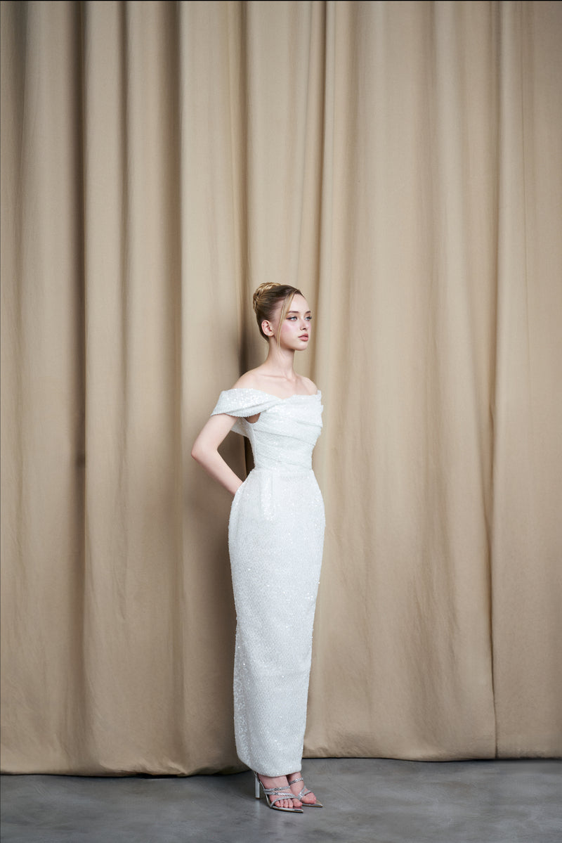 OFF-SHOULDER DRAPE IVORY SEQUIN GOWN | CULT MIA