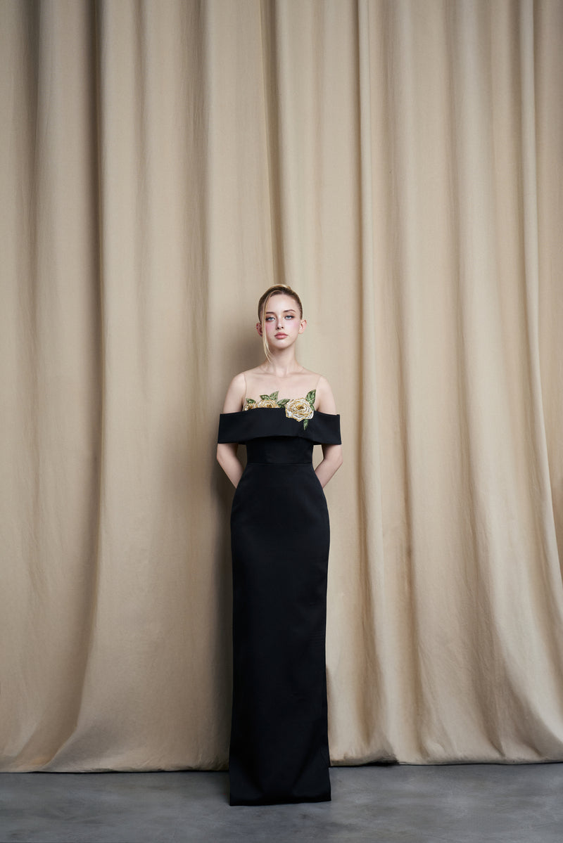 BLACK GOWN WITH SHEER FLORAL EMBROIDERED BODICE