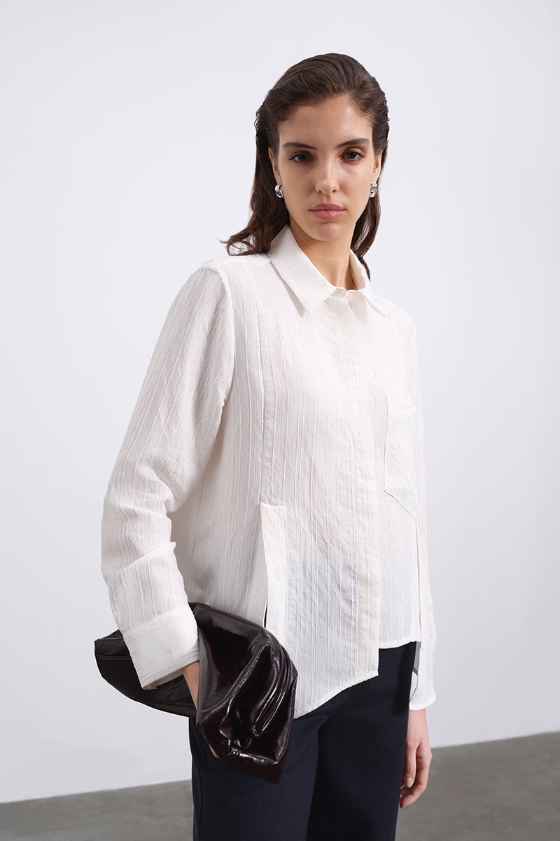 LORIN ASYMMETRIC STRIPE SHIRT IN ECRU