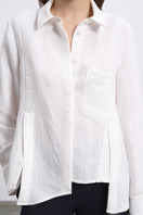 SÉLONE LORIN asymmetric stripe shirt in ecru, featuring bold vertical stripes and a modern, stylish fit.