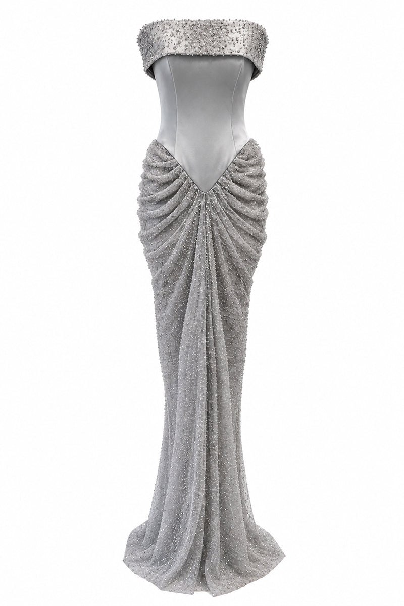Urban Muse Lumera grey gown featuring a flowing design with elegant fabric and a sophisticated, stylish silhouette.