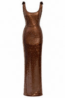 Light brown Lumina gown by Urban Muse featuring a flowing silhouette and elegant design, perfect for stylish occasions.