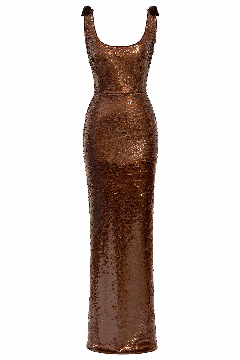 Light brown Lumina gown by Urban Muse featuring a flowing silhouette and elegant design, perfect for stylish occasions.