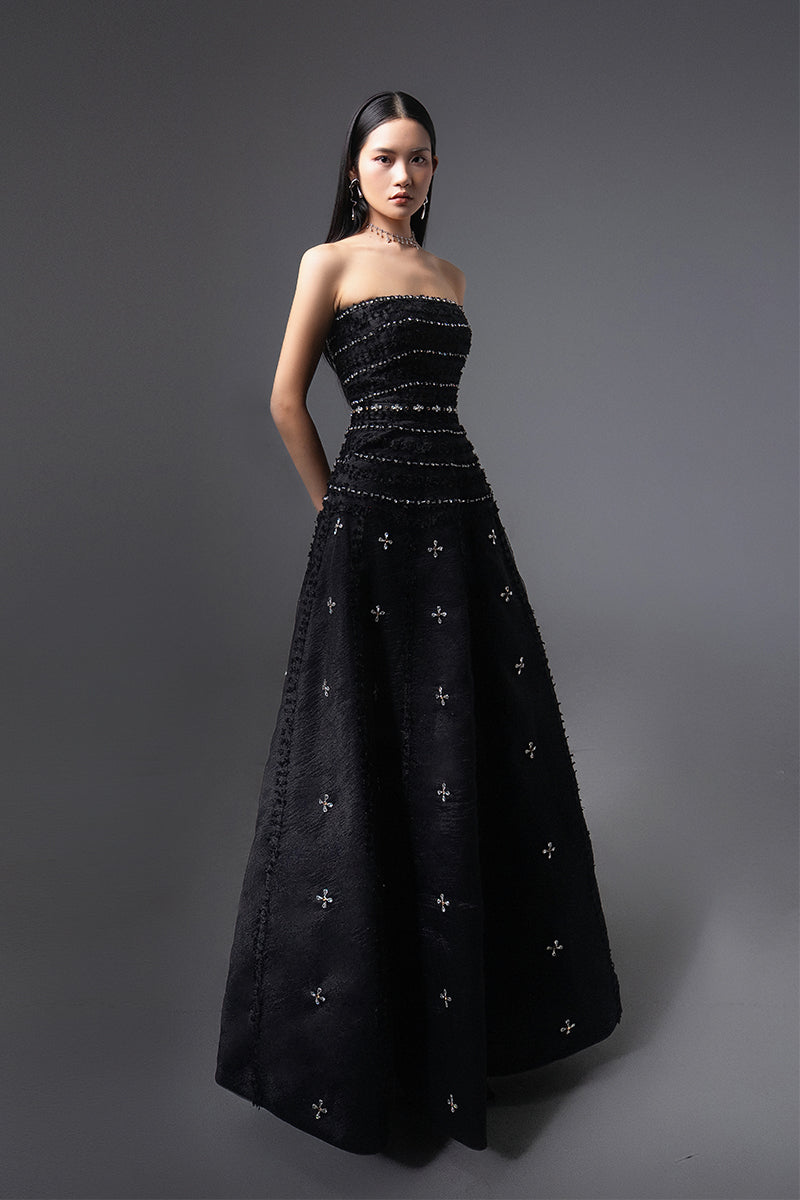 HAPPY CLOTHING CULT MIA X HAPPY CLOTHING TERRY STRAPLESS STONE ORGANZA GOWN IN Black