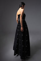 Black CULT MIA X HAPPY CLOTHING strapless gown in stone organza with a flowing silhouette and elegant design.