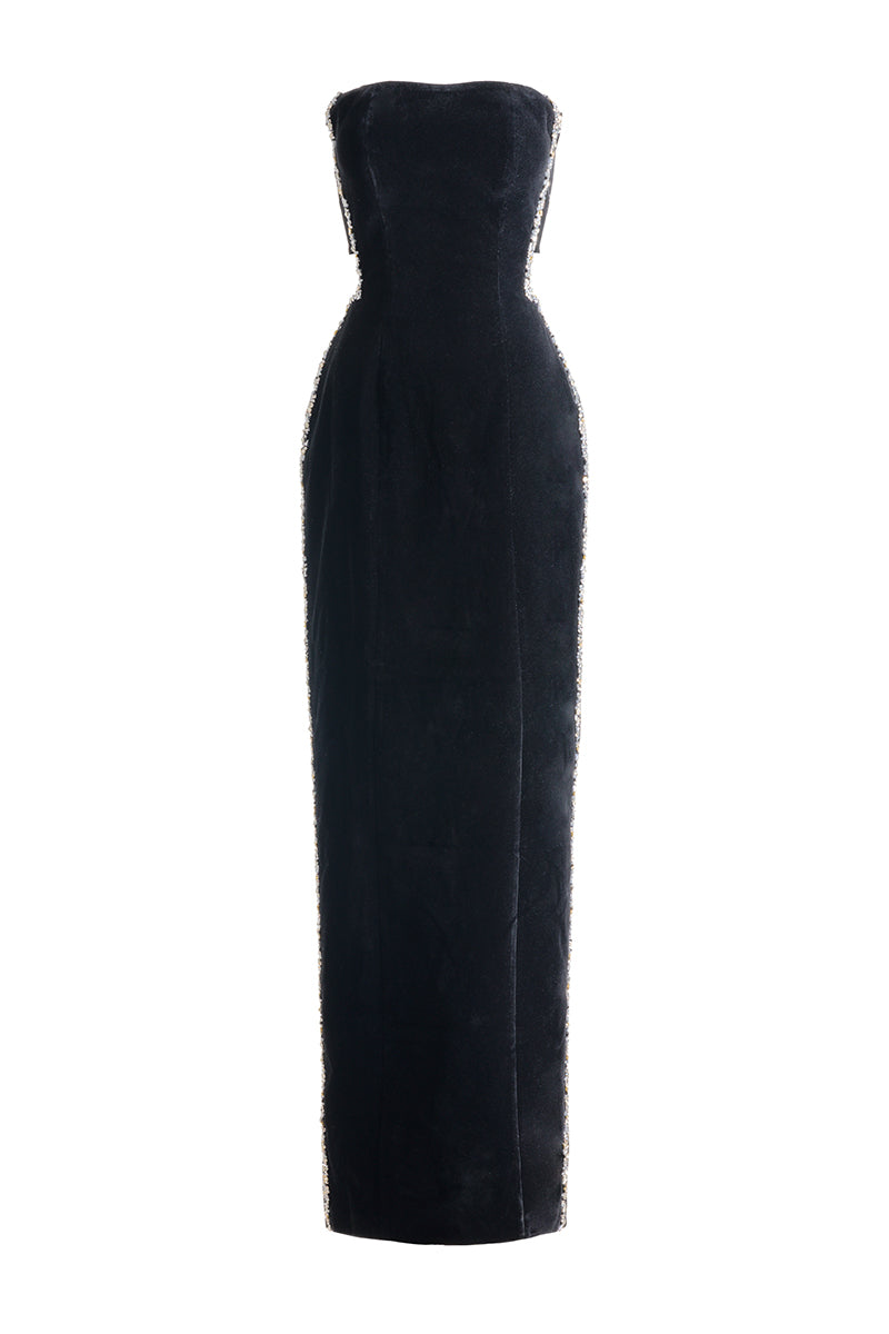 BLACK VELVET BODY DRESS WITH STONE DETAILS - CULT MIA