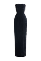 Black velvet maxi dress with stone details from Happy Clothing, featuring a fitted bodice and flowing skirt.