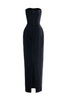 Black velvet maxi dress with stone embellishments, featuring a fitted silhouette and elegant design from Happy Clothing.