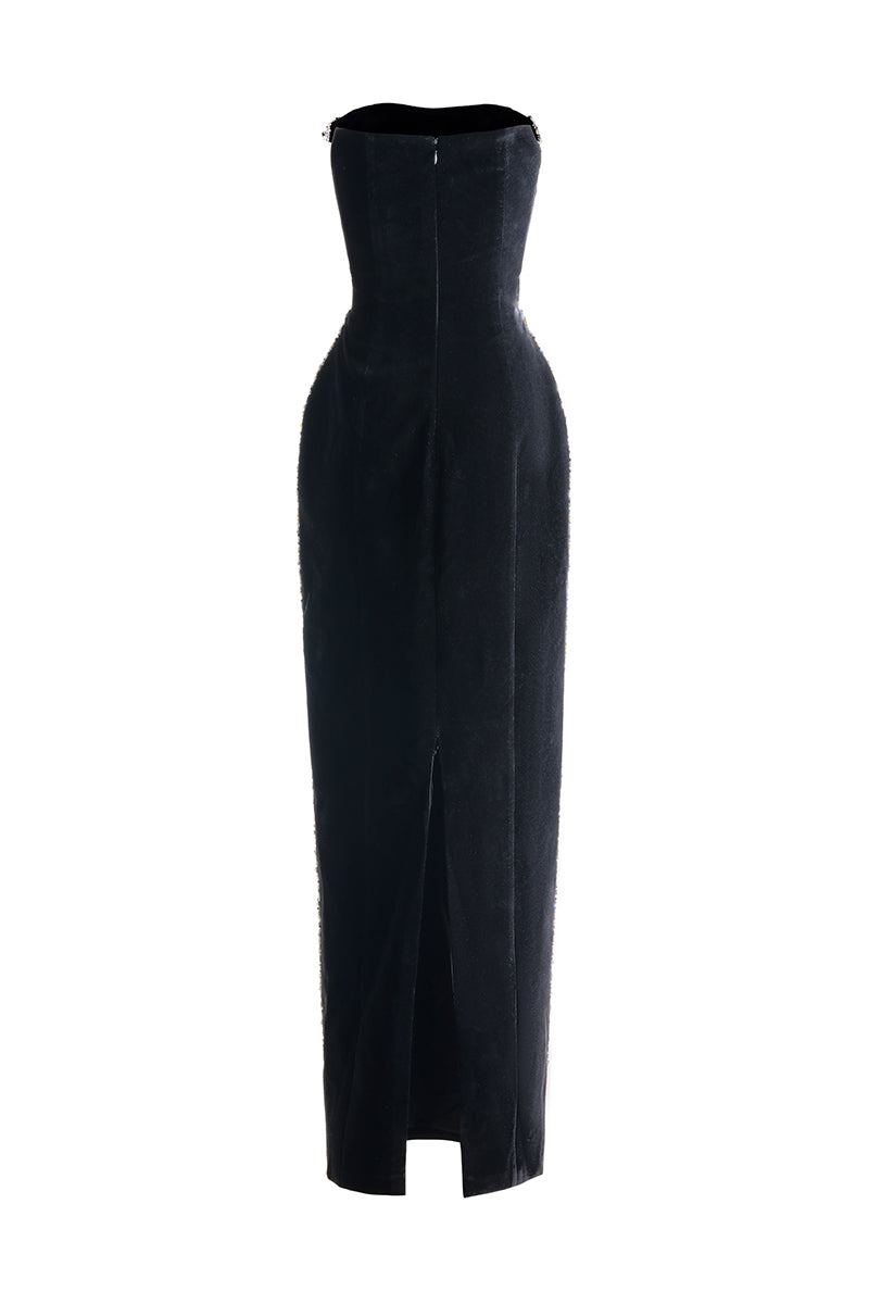 Black velvet maxi dress with stone embellishments, featuring a fitted silhouette and elegant design from Happy Clothing.