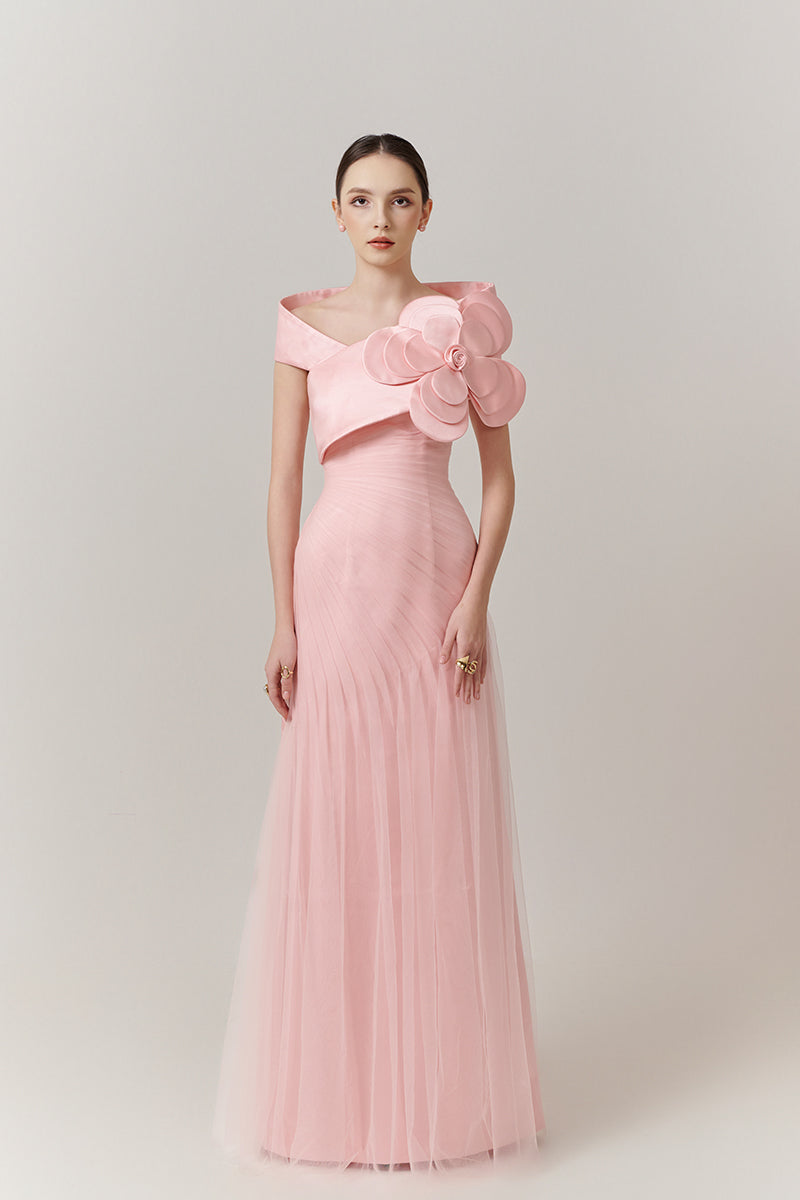 PINK ROSE ONE-SHOULDER FLOOR LENGTH DRESS - CULT MIA