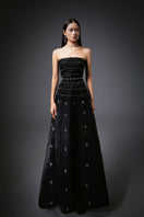 Black CULT MIA X HAPPY CLOTHING strapless gown made of stone organza with a flowy, elegant design.