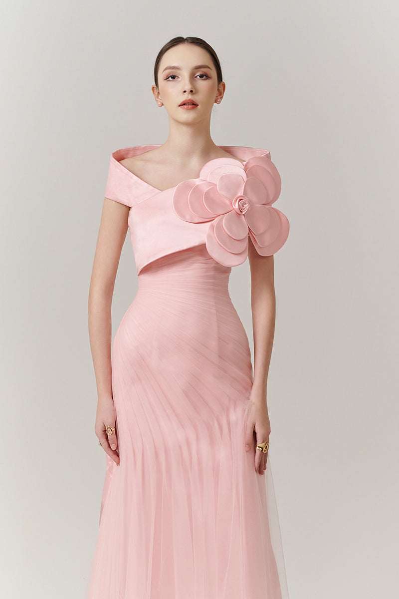 PINK ROSE ONE-SHOULDER FLOOR LENGTH DRESS - CULT MIA
