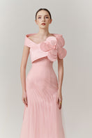 Pink rose one-shoulder floor-length gown by Happy Clothing, flowing fabric and elegant design for formal occasions.
