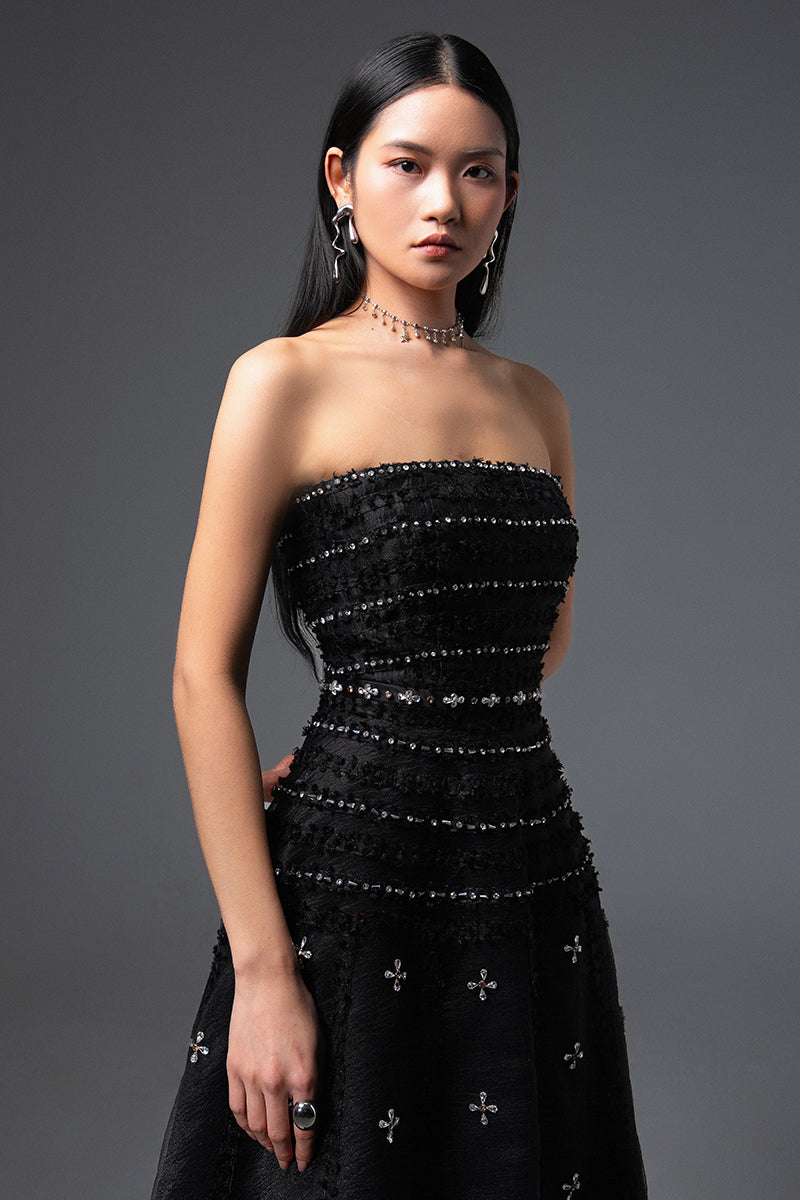 CULT MIA X HAPPY CLOTHING TERRY STRAPLESS STONE ORGANZA MAXI DRESS IN BLACK - CULT MIA