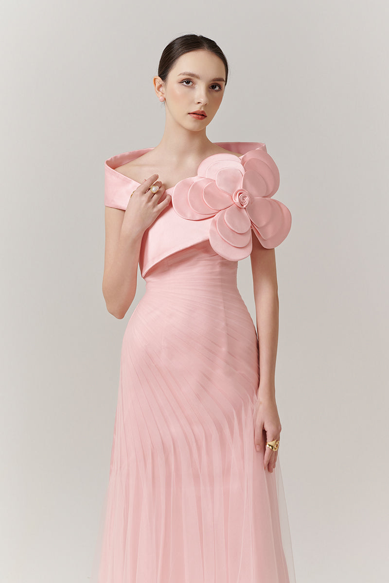 PINK ROSE ONE-SHOULDER FLOOR LENGTH DRESS - CULT MIA