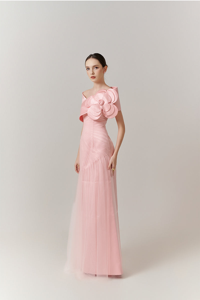 PINK ROSE ONE-SHOULDER FLOOR LENGTH DRESS - CULT MIA