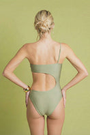 Gold Malibu one-piece swimsuit by Laura Escobar, shown from the back with sleek design and supportive straps.