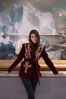 Nadya Shah Manal brown smoking jacket with satin lapels, tailored fit, and stylish design, displayed on a mannequin.